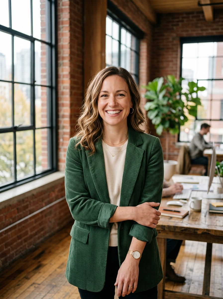 Confident small business owner smiling with relief in her office after automating operations